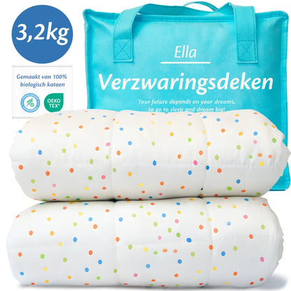 Ella verzwaringsdeken 3,2 kg in polka-dots design met draagtas, gemaakt van 100% biologisch katoen en OEKO-TEX gecertificeerd.