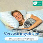 Vrouw slaapt onder de Ella verzwaringsdeken, met vermelding van betrouwbare certificeringen.