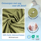 Detail van licht olijfgroene Ella hoes met verborgen rits, hoekbandjes aan de binnenkant en zacht ademend katoen.