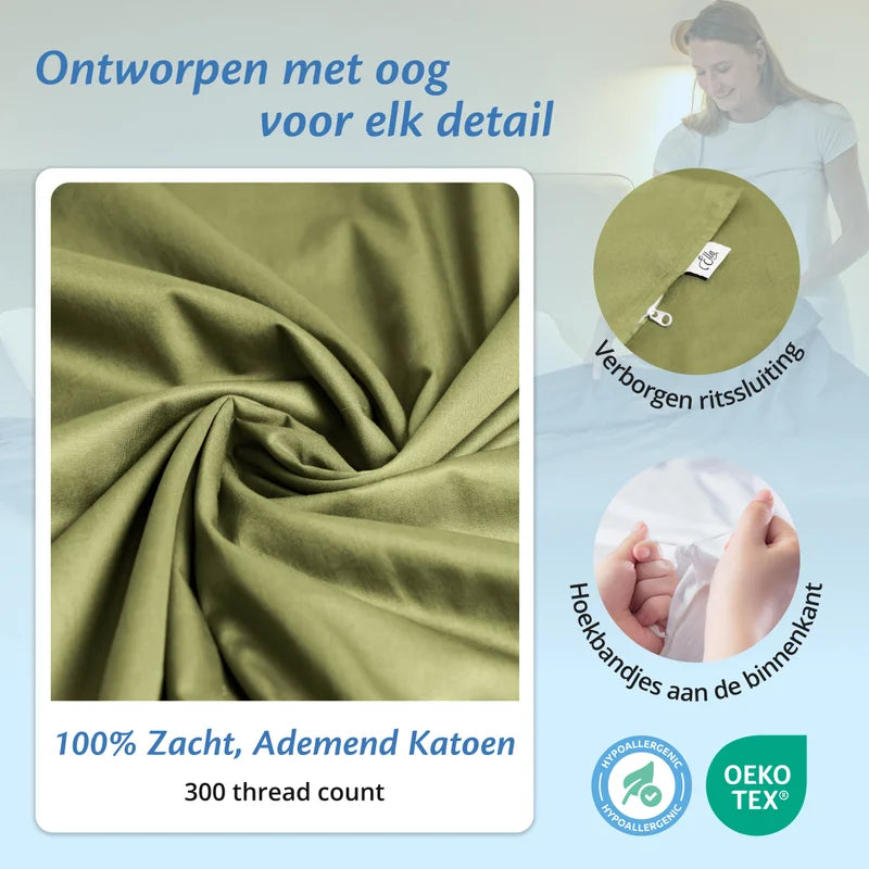 Detail van licht olijfgroene Ella hoes met verborgen rits, hoekbandjes aan de binnenkant en zacht ademend katoen.