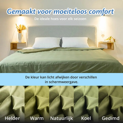 Slaapkamer met opgemaakt bed met licht olijfgroene Ella hoes, kleurvarianten onderaan.