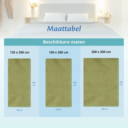 Maattabel van licht olijfgroene Ella hoes voor verzwaringsdekens in drie maten, 135x200, 150x200 en 200x200.