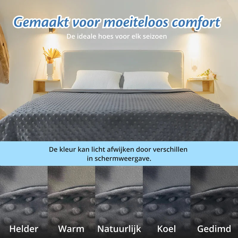 Slaapkamer met opgemaakt bed met grijze Ella hoes, kleurvarianten onderaan.