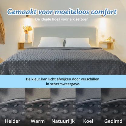 Slaapkamer met opgemaakt bed met grijze Ella hoes, kleurvarianten onderaan.