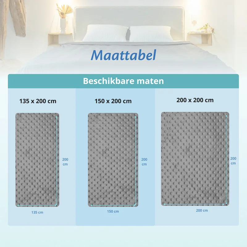 Maattabel van grijze Ella hoes voor verzwaringsdekens in drie maten, 135x200, 150x200 en 200x200.