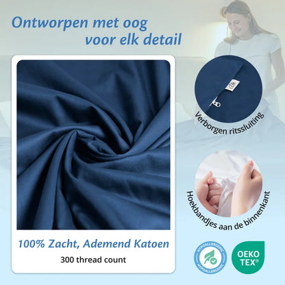 Detail van grijs en blauwe katoenen Ella hoes met verborgen rits, hoekbandjes aan de binnenkant en zacht ademend katoen.