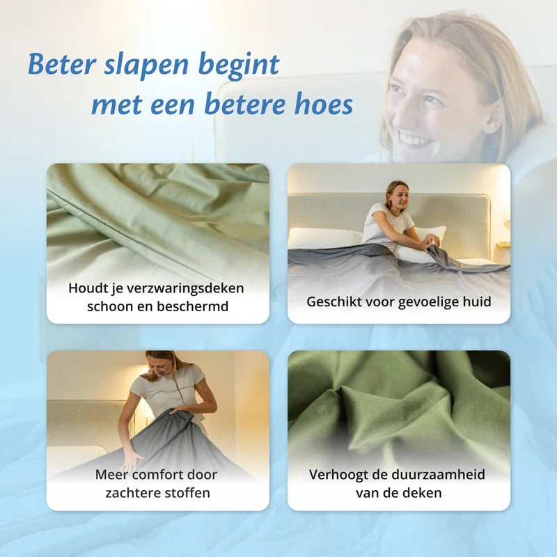 Vier voordelen van grijs en blauwe katoenen Ella hoes voor verzwaringsdekens, getoond in gebruik.