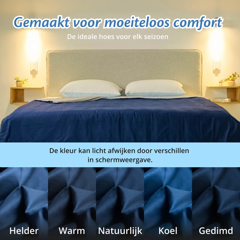 Slaapkamer met opgemaakt bed met grijs en blauwe katoenen Ella hoes, kleurvarianten onderaan.