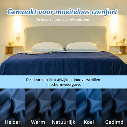 Slaapkamer met opgemaakt bed met grijs en blauwe katoenen Ella hoes, kleurvarianten onderaan.