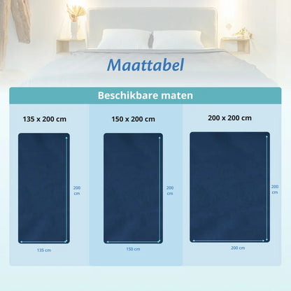 Maattabel van grijs en blauwe katoenen Ella hoes voor verzwaringsdekens in drie maten, 135x200, 150x200 en 200x200.