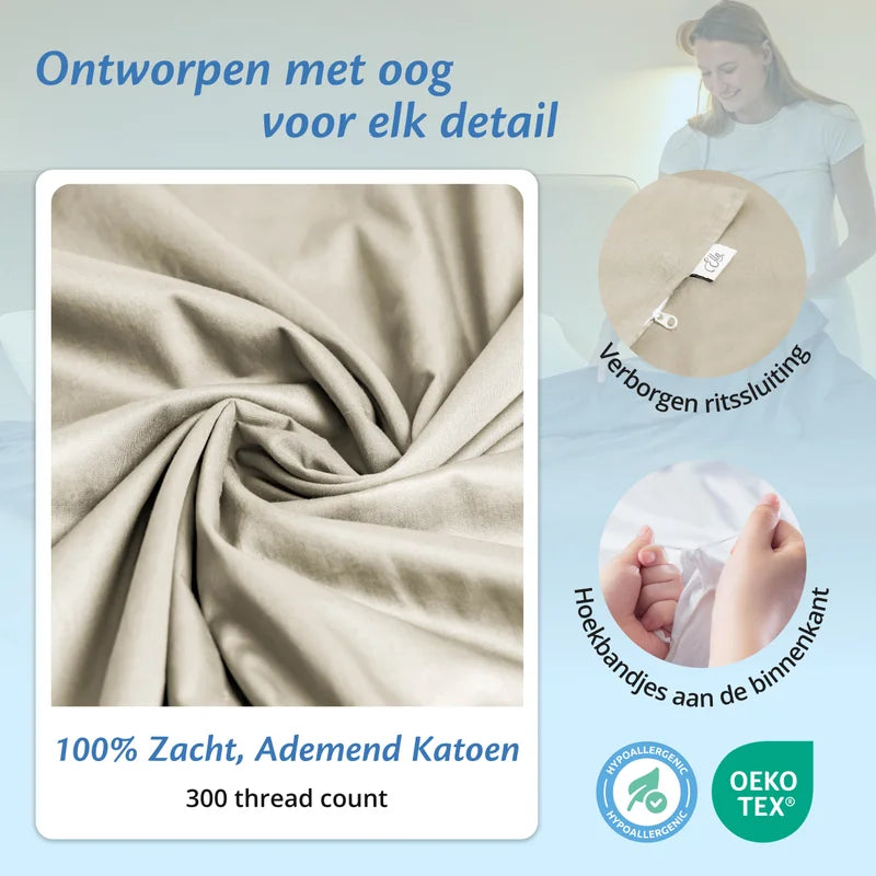 Detail van organisch witte Ella hoes met verborgen rits, hoekbandjes aan de binnenkant en zacht ademend katoen.