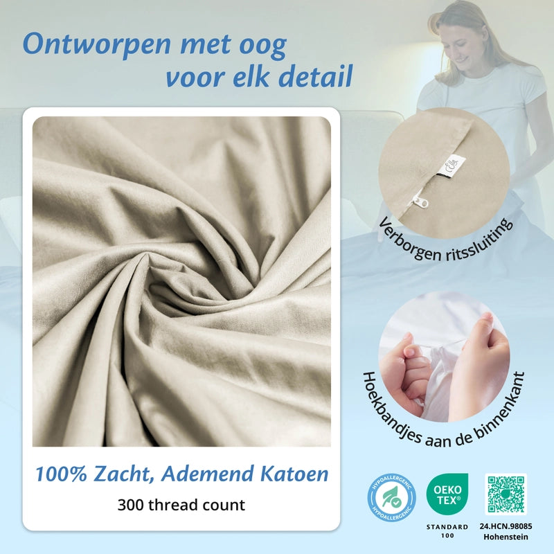 Detail van organisch witte Ella hoes met verborgen rits, hoekbandjes aan de binnenkant en zacht ademend katoen.