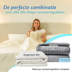 Vrouw leest in bed met witte deken, Ella Sleeps verzwaringsdeken hoes in organisch wit en grijze sherpa variant naast het bed.