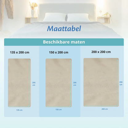 Maattabel van organisch witte Ella hoes voor verzwaringsdekens in drie maten, 135x200, 150x200 en 200x200.