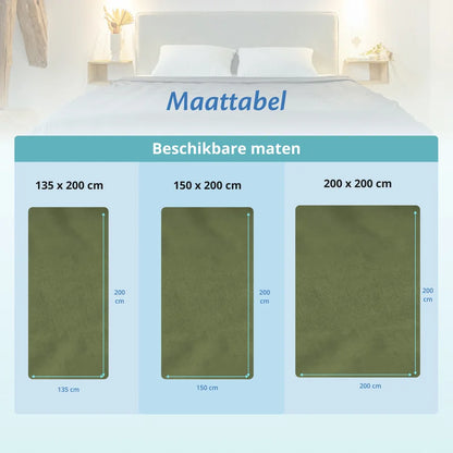 Maattabel van olijfgroene Ella hoes voor verzwaringsdekens in drie maten, 135x200, 150x200 en 200x200.